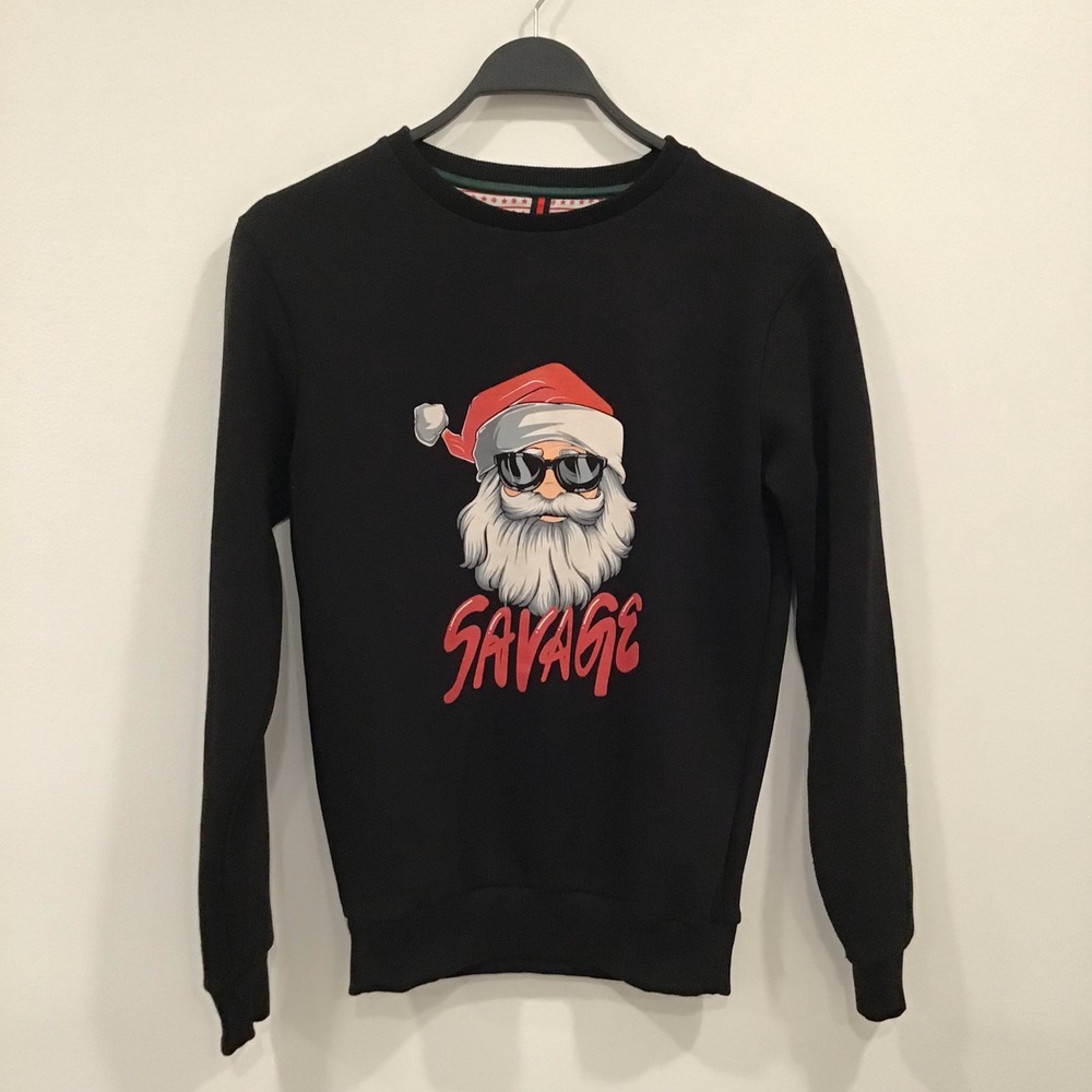 Denim & Flower Sweatshirt Womens Small Black Red Savage Santa Christmas Graphic - Picture 2 of 12